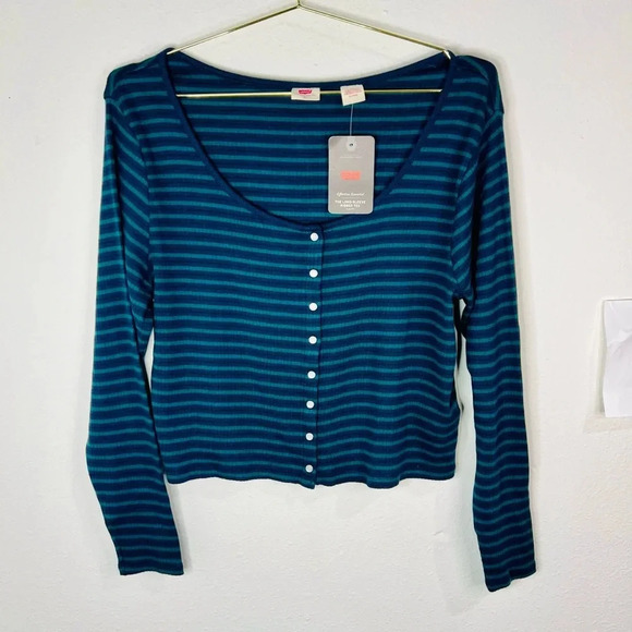 Levi’s Women’s LONG SLEEVE BRITT SNAP FRONT TOP  Green and Navy Stripes Size XL - Picture 5 of 12